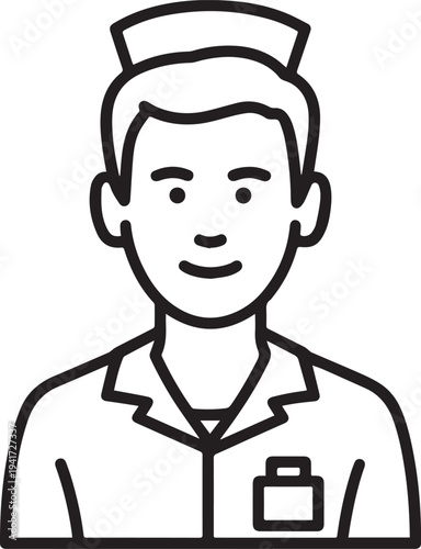 Hand Drawn Man as Nurse Black and White Avatar Illustration in Minimal Line Art Style Design