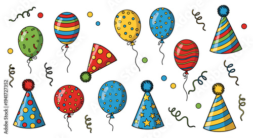A vibrant collection of hand-drawn party elements including colorful balloons, festive hats, and scattered confetti, perfect for celebrations.