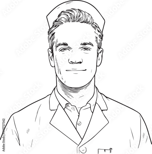 Hand Drawn Man as Nurse Black and White Avatar Illustration in Minimal Line Art Style Design
