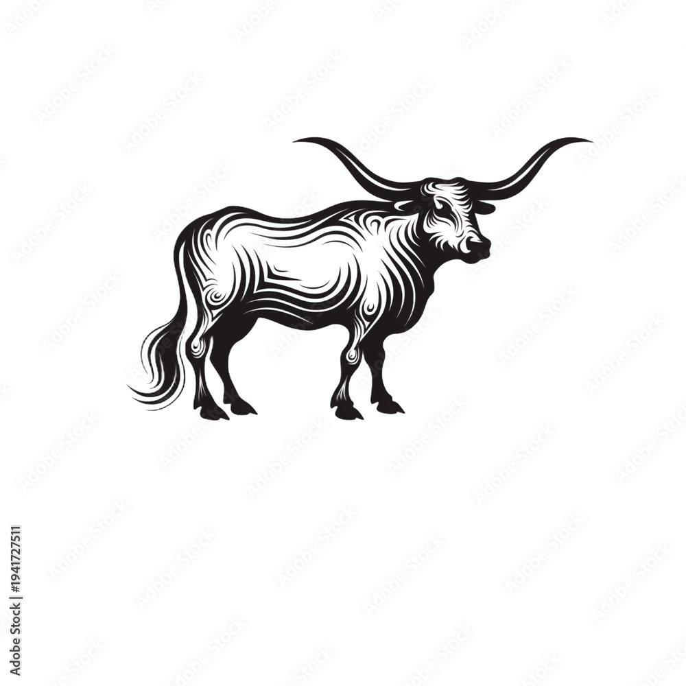 Obraz premium Majestic bull with curved horns and dynamic black and white design