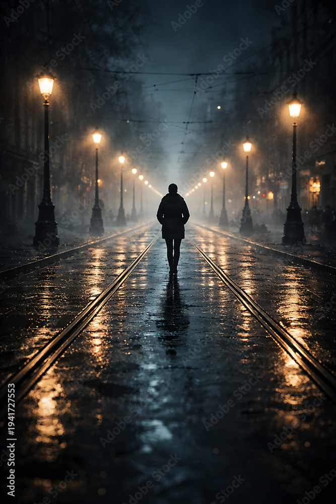 Fototapeta premium Solitary figure walking down a wet illuminated city street at night