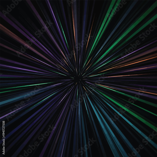 Multicolored Light Rays Emitting from Center on Black Background with Bokeh Effect