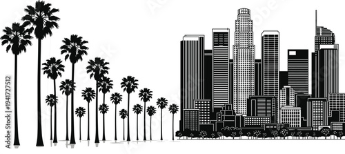 Silhouette of Los Angeles Skyline with Palm Trees on White Background city