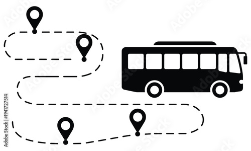 Bus traveling along a route marked by multiple location pins and a dotted path indicating its journey and stops along the way with a simple black and white graphic design.