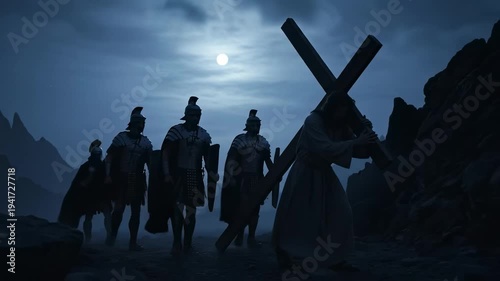 Cinematic Reenactment of Jesus Carrying the Cross with Roman Soldiers at Night for Easter