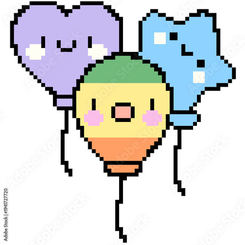 Cute pixel art balloons with faces, heart and star shape kawaii characters.