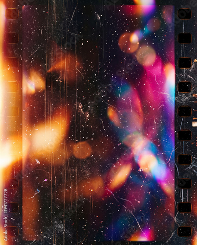 Retro Film Burn Texture with Light Leak, Dust, Scratches, Grain, Noise, Iridescent Glow and Cinematic Bokeh for Photo Editing Overlay