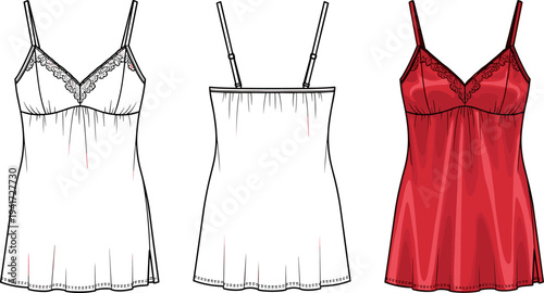 Flat Fashion Technical Sketch of Women's Satin Lace Nightgown and Silk Slip Dress Mockup