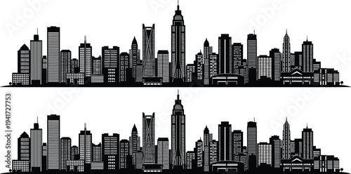 Two identical black and white city skylines with skyscrapers and buildings on a white background Keywords: city, skyline