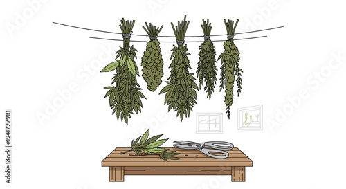 Six distinct bundles of dried cannabis plants hang from a rope, with a wooden table holding scissors and loose leaves below.