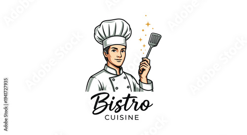Chef holding spatula with bistro cuisine logo.