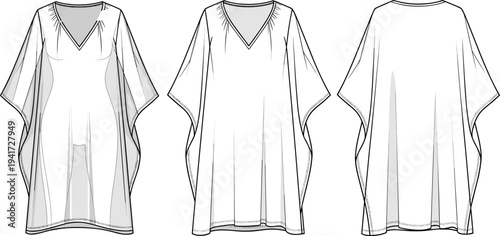Flat Fashion Technical Sketch of Women's V-Neck Kaftan Dress and Oversized Poncho Tunic Template