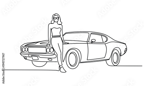 Woman Standing Next to Vintage Car Single Line Art