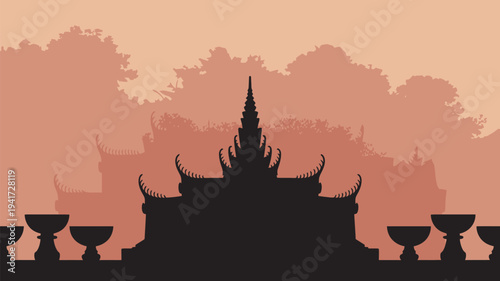 A serene silhouette of an Asian temple at sunset with trees and bowls in the foreground