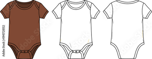 Infant Short Sleeve Bodysuit Flat Vector Illustration, Newborn Baby Onesie Technical Fashion Sketch