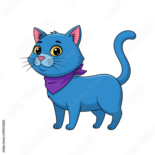 A blue cartoon cat with a purple bandana