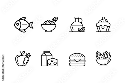 Food nutrition icon set. Thin line editable stroke icons for healthy eating, food categories, diet balance, ingredients, meals, fresh produce, and nutrition plans