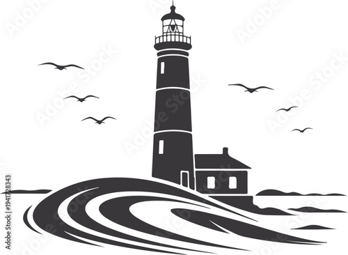 Coastal lighthouse silhouette guiding light tower on ocean shore nautical navigation symbol