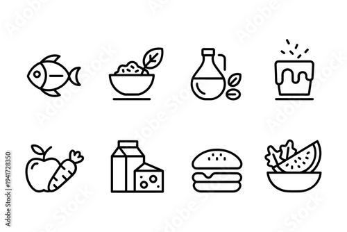 Food nutrition icon set. Thin line editable stroke icons for healthy eating, food categories, diet balance, ingredients, meals, fresh produce, and nutrition plans