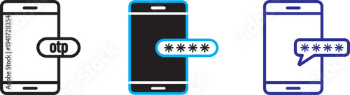 OTP icons, Set of linear icons. Black linear palm icons. OTP icon set. One time password and security symbol. Mobile phone with password sign.