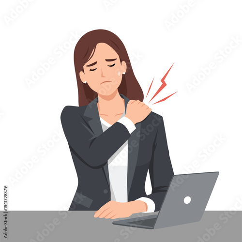 Stressed Businesswoman Suffering Shoulder Pain While Working on Laptop. Flat vector illustration isolated on white background