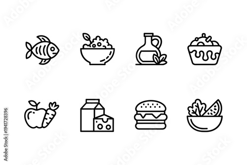 Food nutrition icon set. Thin line editable stroke icons for healthy eating, food categories, diet balance, ingredients, meals, fresh produce, and nutrition plans