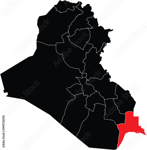 Al-Basrah Governorate on Map of Iraq Silhouette with Regions Vector Illustration