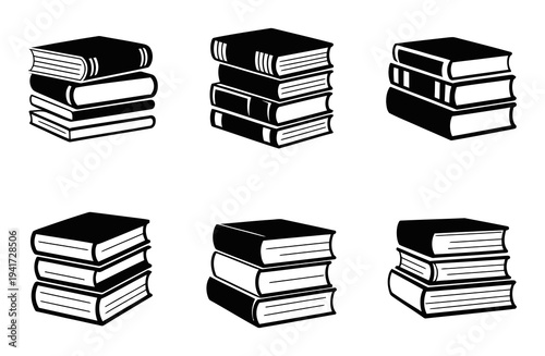 Collection of Stacked Books in Black and White Silhouette