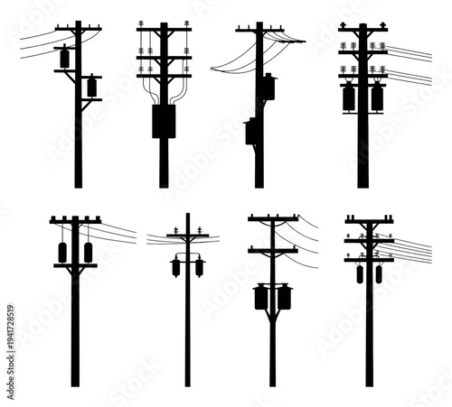 Collection of Silhouetted Utility Poles with Transformers and Wires