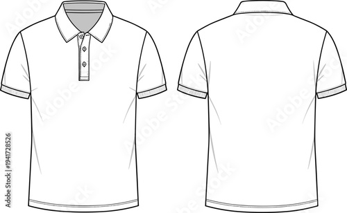 Men Polo Shirt Technical Flat Sketch Illustration Template Front and Back View