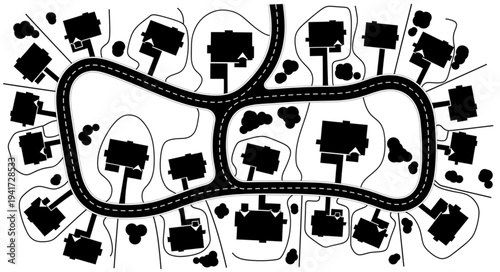 Residential Neighborhood Layout with Curvilinear Streets and Houses.