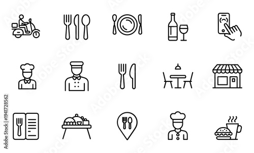 Catering restaurant service, cutlery and food delivery icons set. Food, plate, fork, knife, spoon, mobile app thin line vector illustration
