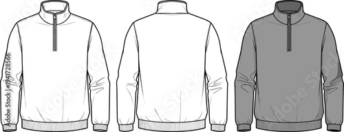 Men Quarter Zip Sweatshirt Technical Flat Sketch Vector Illustration Front and Back View