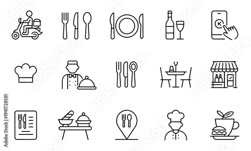 Catering restaurant service, cutlery and food delivery icons set. Food, plate, fork, knife, spoon, mobile app thin line vector illustration