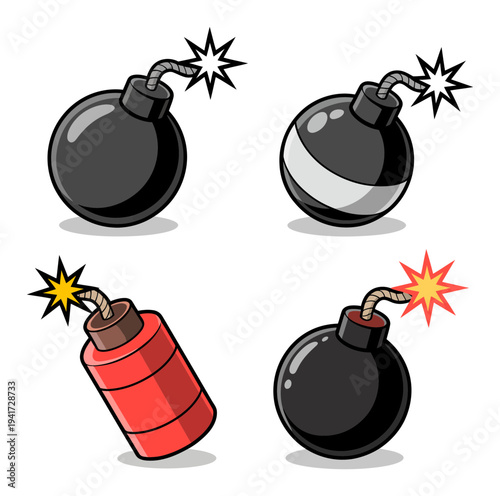 Cartoon Bombs with Fuses and Sparks, Ready to Explode