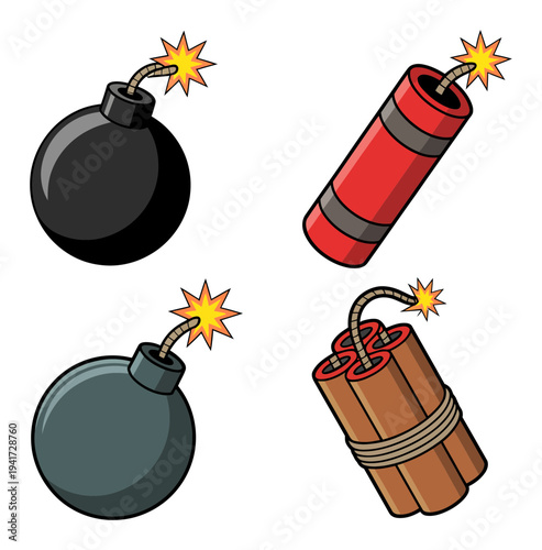 Cartoon Bombs and Dynamite Sticks with Fuses Lit