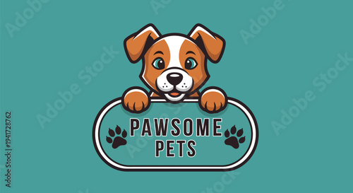 Cute cartoon puppy holding a Pawsome Pets sign, adorable dog character for pet shop branding.