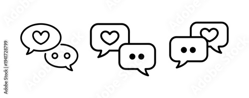 Social support and emotional communication concept thin outline icon. Minimalist line symbol chat bubbles and heart shape. Vector isolated for web and app.