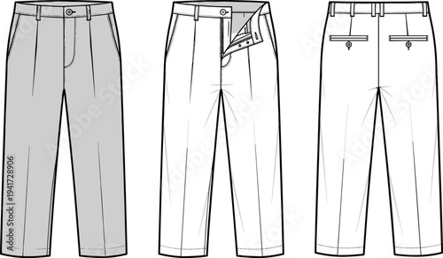 Men's Classic Pleated Trouser Pants Technical Flat Sketch Vector Illustration