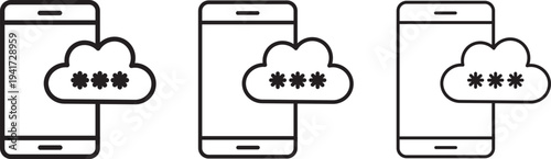 OTP icons, Set of linear icons. Black linear palm icons. OTP icon set. One time password and security symbol. Mobile phone with password sign.