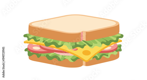 A rectangular sandwich with ham, a slice of Swiss cheese, and fresh lettuce is layered between two pieces of light brown bread.