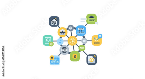 Tokenized Assets Blockchain Ecosystem Diagram. Decentralized Finance (DeFi), Smart Contracts, Real Estate, and Digital Art Network Concept.
