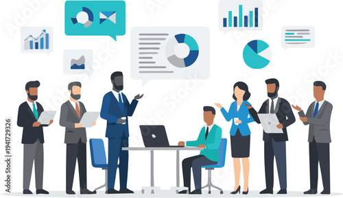 Diverse professionals collaborating around a workstation with digital devices and data visualizations in a modern office setting from a straightforward viewpoint