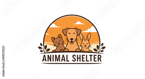 Cute dog, cat, and rabbit together, representing an animal shelter.