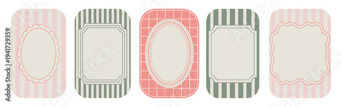 Set of hand drawn border frames. trendy vintage backgrounds in red, green and pink colors. Minimalist holiday posters, invitation, greeting card. Vector illustration.