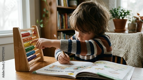 Young child learning with an abacus, writing in a workbook as soft sunlight filters through a window; camera gently pans to capture educational focus in a cozy, cinematic home setting.
