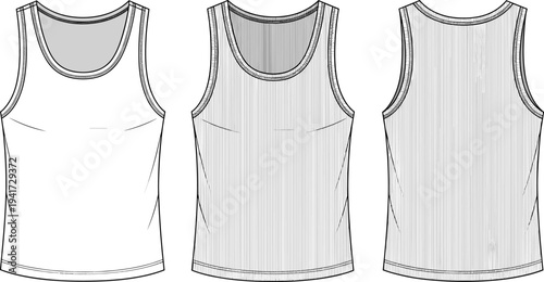 Men's Tank Top Flat Vector Illustration, Sleeveless Ribbed Undershirt Technical Sketch Set