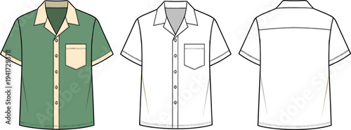 Men's Short Sleeve Bowling Shirt Technical Flat Sketch Illustration Front and Back View