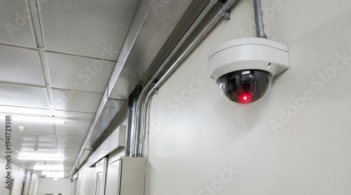 Surveillance camera with red light blinks subtly in a sterile hallway, while fluorescent lights flicker above, captured in a slow cinematic pan for a security-focused ambiance.
