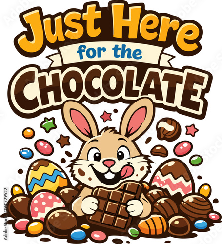Adorable cartoon Easter bunny happily munching on chocolate bar, surrounded by chocolate-dipped eggs, candies, lollipops and dripping chocolate effects. 